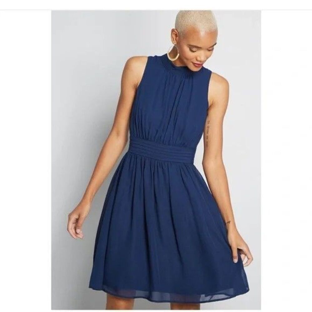 ModCloth Fervour Windy City Dress Size Small Navy Blue Chiffon Fit & Flare